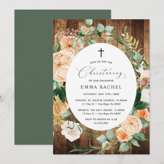 Invitation Botanique Boho Woodgrain Christening Personnalisé