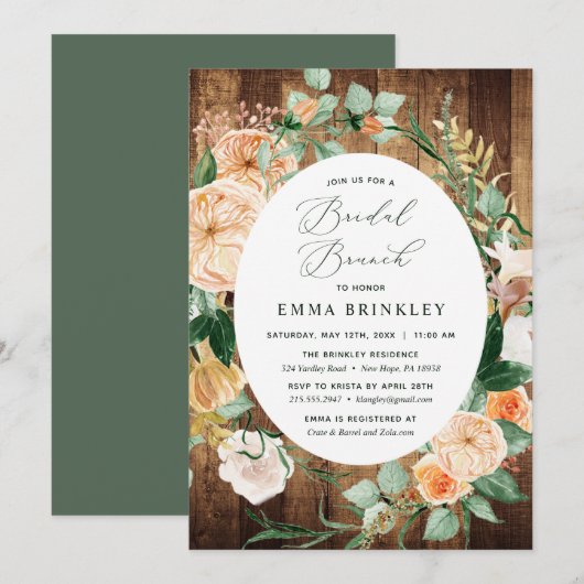 Invitation Botanique Boho Woodgrain Farmhouse Bridal Brunch (Devant / Derrière)