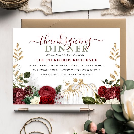 Invitation Botanique Bourgogne Floral Citrouille Thanksgiving