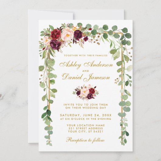 Invitation Botanique Bourgogne Floral Mariage Gold Frame (Devant)