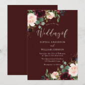 Invitation Botanique Bourgogne Vin rouge et Mariage floral (Devant / Derrière)