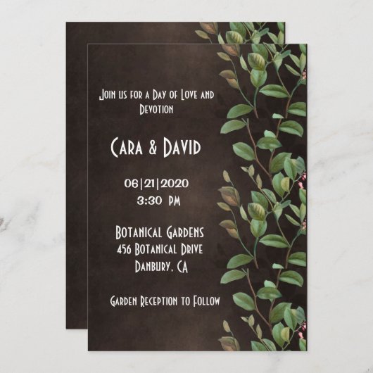 Invitation Botanique Brown verdure Florale Elégant Mariage (Devant / Derrière)