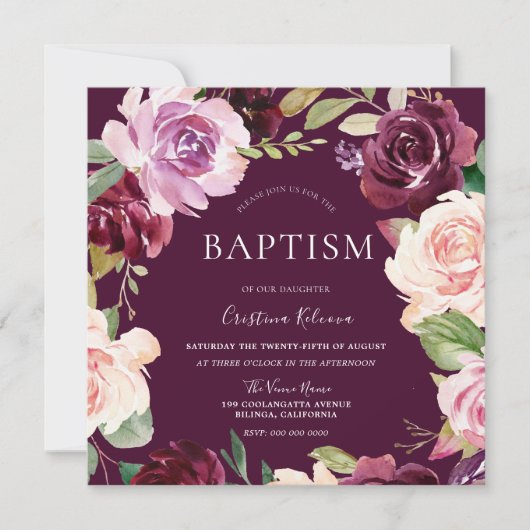 Invitation Botanique Burgundy Aquarelle Baptême Bébé (Devant)