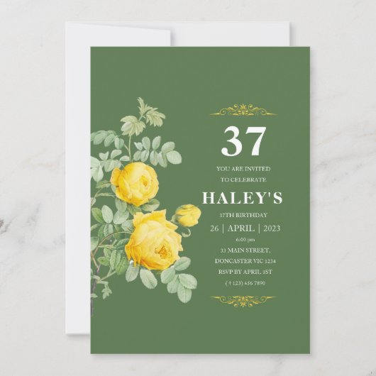 Invitation Botanique Chic Fleur Jaune & Vert 37e Anniversaire (Devant)