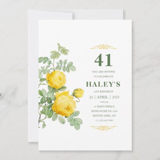 Invitation Botanique Chic Fleur Jaune & Vert 41e Anniversaire (Devant)