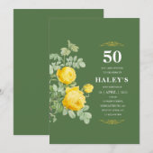 Invitation Botanique Chic Fleurs Jaunes et Vertes 50e Anniver (Devant / Derrière)