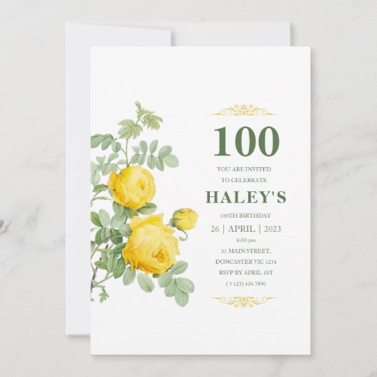 Invitation Botanique Chic Jaune Vert Floral 100e anniversaire (Devant)