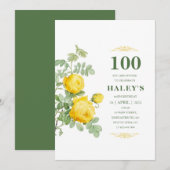 Invitation Botanique Chic Jaune Vert Floral 100e anniversaire (Devant / Derrière)