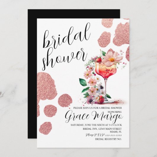 Invitation Botanique Cocktail Rose Fête des mariées or (Devant / Derrière)