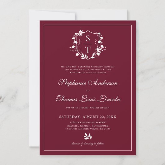 Invitation Botanique Crête Bourgogne Mariage QR Code (Devant)