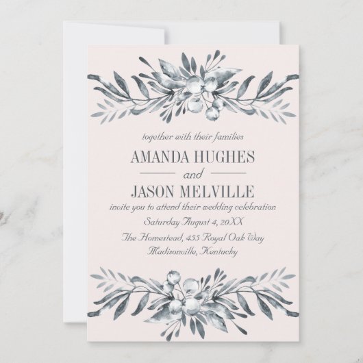Invitation Botanique d'argent | mariage de couronne florale P (Devant)