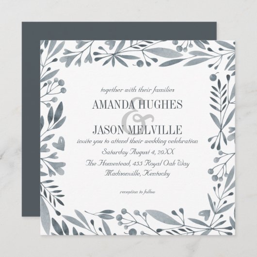 Invitation Botanique d'argent | Mariage floral | Carré | (Devant / Derrière)