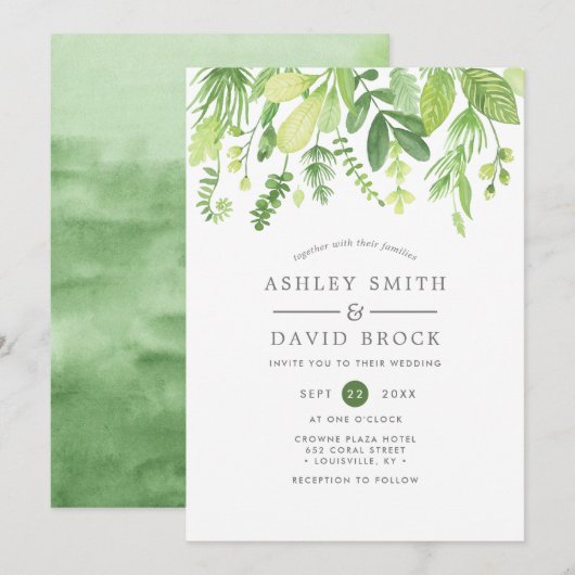 Invitation Botanique de mariage à l'aquarelle moderne de verd (Devant / Derrière)