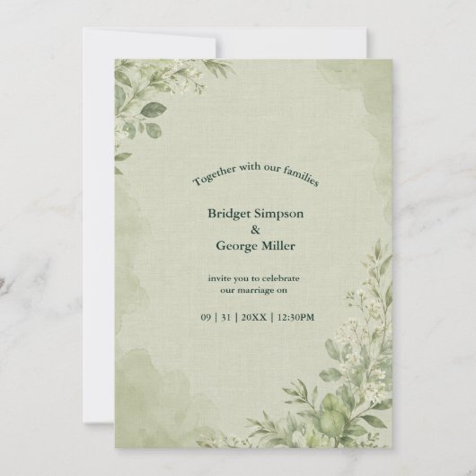 Invitation Botanique de mariage en lin sauge rustique (Devant)