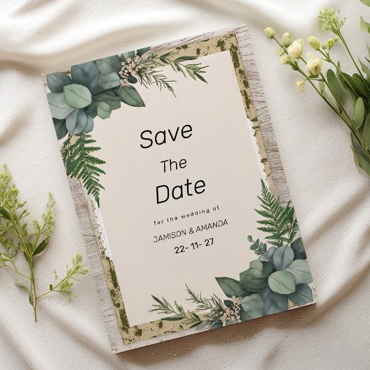 Invitation Botanique d'eucalyptus rustique Sauvez la date