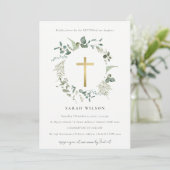Invitation Botanique Eucalyptus Gold Cross Wreath Baptisme (Debout devant)
