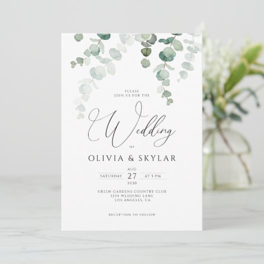 Invitation Botanique Eucalyptus QR Code Tout en un Mariage (Debout devant)