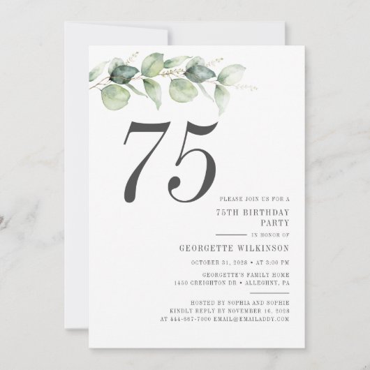 Invitation Botanique Eucalyptus Vert 75e anniversaire (Devant)