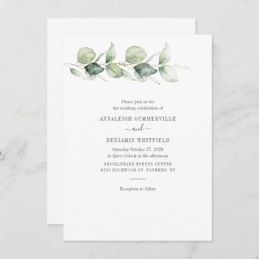 Invitation Botanique Eucalyptus Vert Mariage rustique (Devant / Derrière)