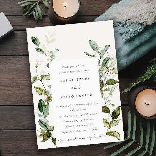 Invitation Botanique Feuillage Aquarelle Couples Douche
