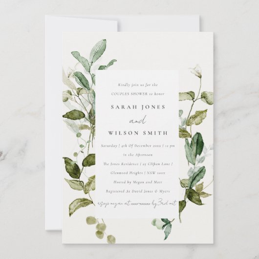 Invitation Botanique Feuillage Aquarelle Couples Douche (Devant)