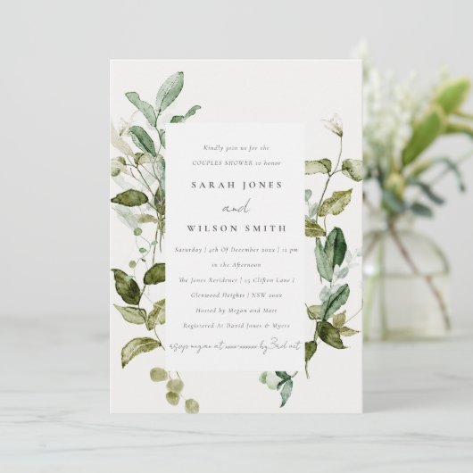 Invitation Botanique Feuillage Aquarelle Couples Douche (Debout devant)