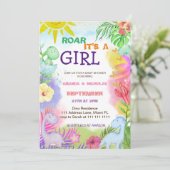 Invitation Botanique Floral Cute Dinosaur bébé fille Douche (Debout devant)