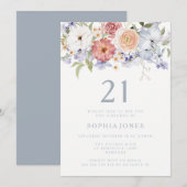 Invitation Botanique Floral Dusty Bleu 21e fête d'anniversair (Devant / Derrière)