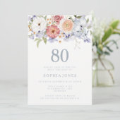 Invitation Botanique Floral Dusty Bleu 80e fête d'anniversair (Debout devant)