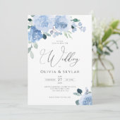 Invitation Botanique Floral Dusty Bleu Tout en un Mariage (Debout devant)