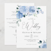 Invitation Botanique Floral Dusty Bleu Tout en un Mariage (Devant / Derrière)