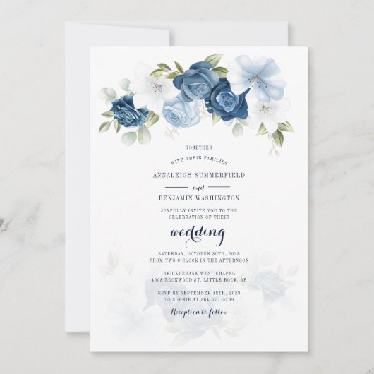 Invitation Botanique Floral Dusty Blue Script Mariage (Devant)