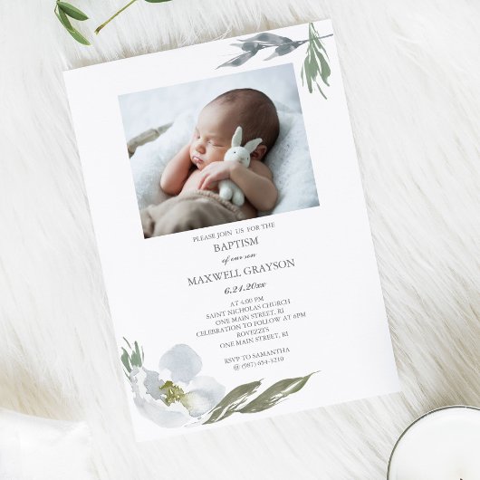 Invitation Botanique Floral Greenery Boy Baptism Photo