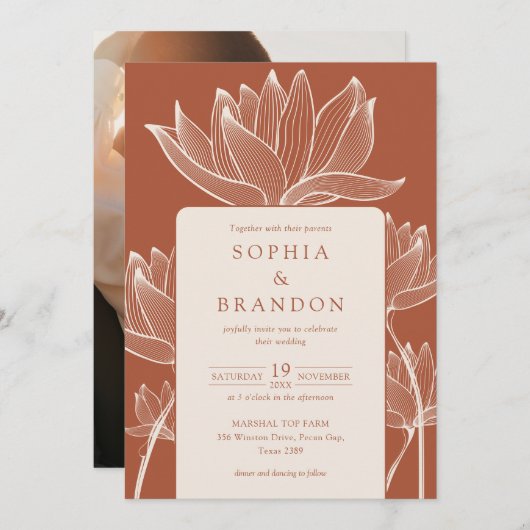Invitation Botanique Floral Photo Terracotta Mariage (Devant / Derrière)