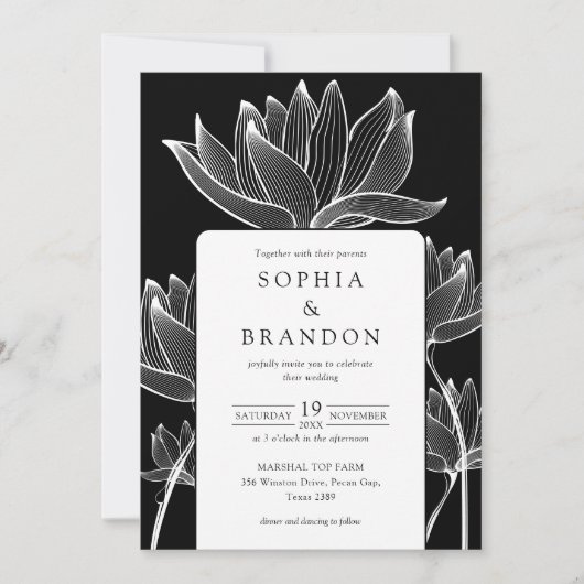 Invitation Botanique Floral QR Code Mariage noir et blanc (Devant)