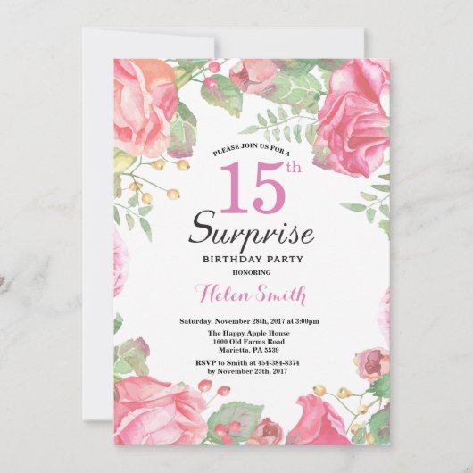 Invitation Botanique Floral Surprise 15e anniversaire Invitat (Devant)