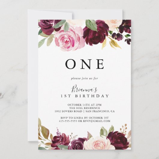 Invitation Botanique Florale Rustique Première fête d'anniver (Devant)