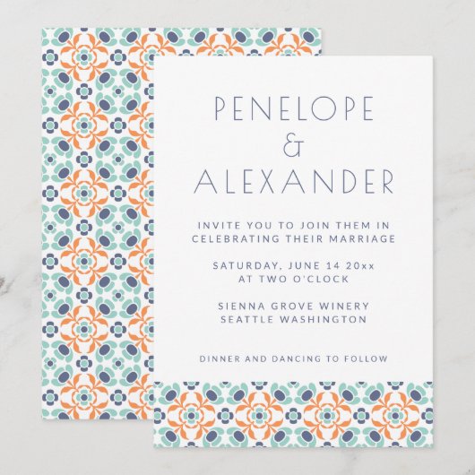 Invitation Botanique géométrique moderne Mariage bleu orange (Devant / Derrière)