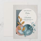 Invitation Botanique Géométrique Terracotta Bleu Vert Mariage (Devant / Derrière)