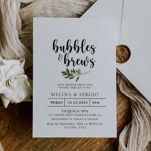 Invitation Botanique Green Bubbles & Brews Bridal douche
