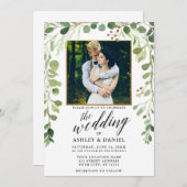 Invitation Botanique Green Calligraphy Gold Frame Mariage (Devant / Derrière)