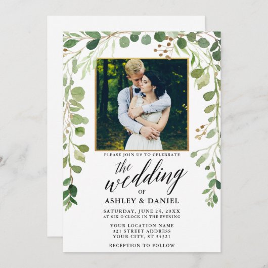 Invitation Botanique Green Calligraphy Gold Frame Mariage (Devant / Derrière)