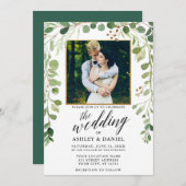 Invitation Botanique Green Calligraphy Mariage Gold Frame (Devant / Derrière)