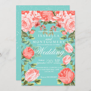 Invitation Botanique Joli Turquoise et Coral Floral Mariage