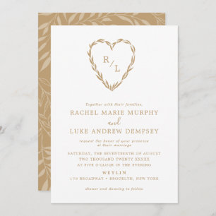 Invitation Botanique Laurel Heart Wreath Mariage Monogramme 