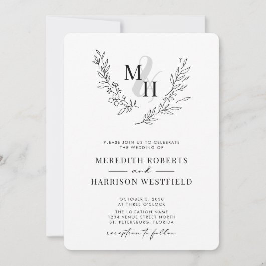 Invitation Botanique Laurel Wreath QR Code Monogramme Mariage (Devant)