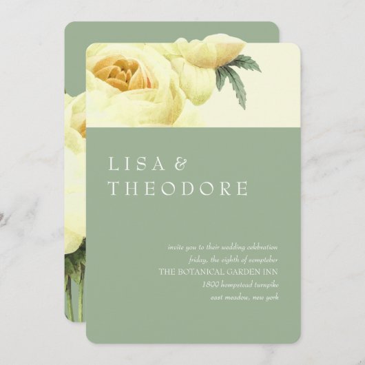 Invitation Botanique | Mariage Vintage Jaune Sage (Devant / Derrière)