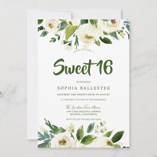 Invitation Botanique moderne Blanc Floral Spring Sweet 16 (Devant)