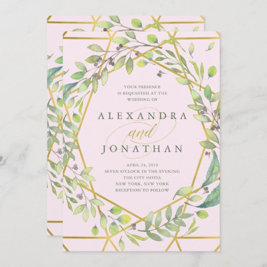 Invitation Botanique moderne | Blush et Faux Gold Mariage (Devant / Derrière)
