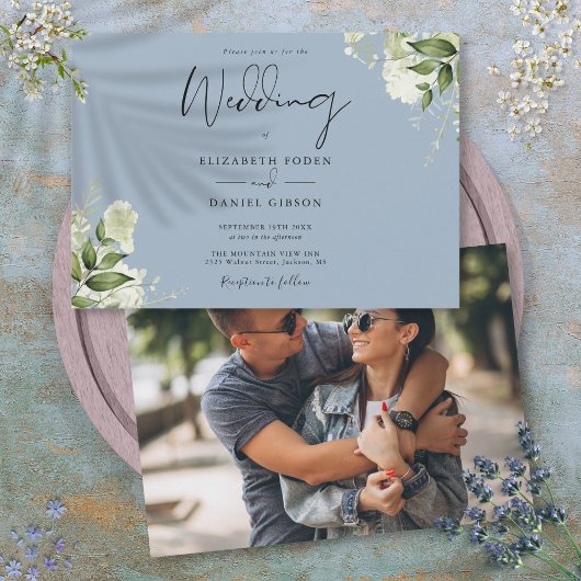Invitation Botanique moderne verdure Dusty Blue Photo Mariage